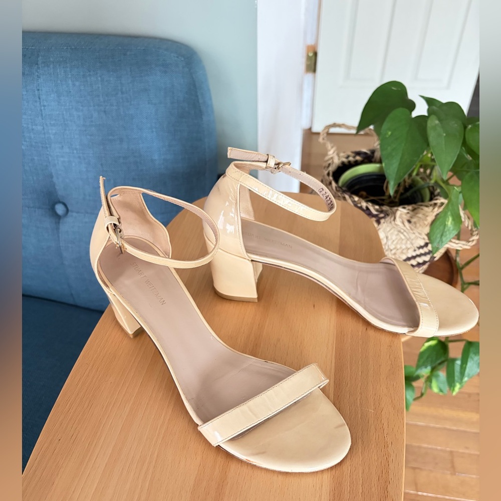 Stuart Weitzman Nudistcurve 75 Nude Patent Block Heel Sandals Sz 8 - Picture 3 of 8